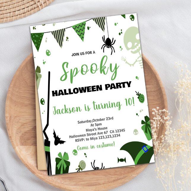 Grönt Ballon Halloween Birthday-inbjudningar Inbjudningar (Green Ballon Halloween Birthday Invitations)