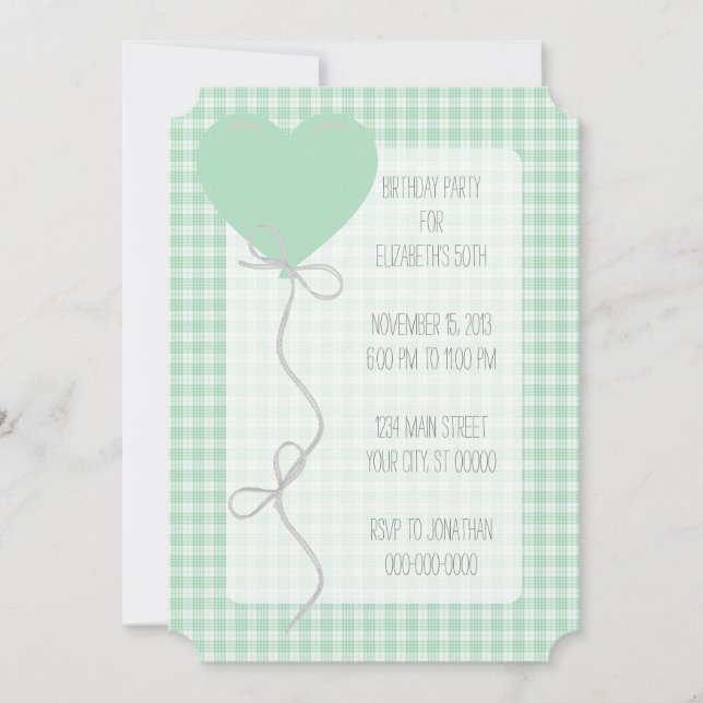 Grönt Balloon och Gingham Birthday Inbjudningar (Framsida)
