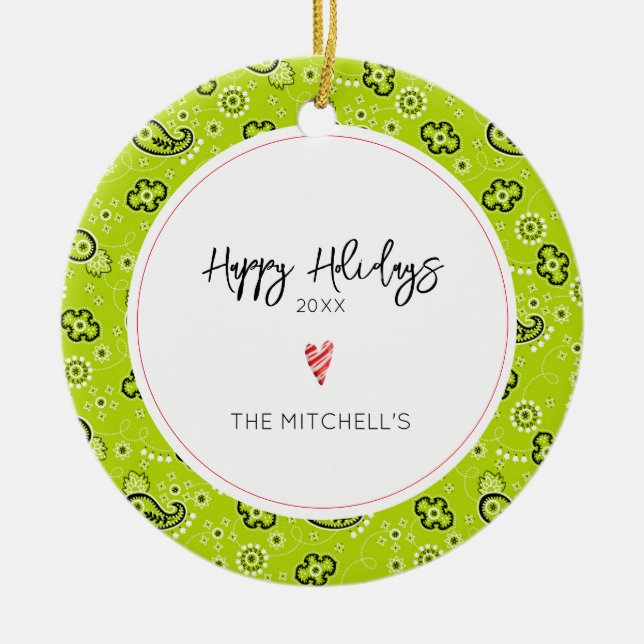 Grönt Bandana GLAD HELG Red Heart NAMN Julgransprydnad Keramik (Framsidan)