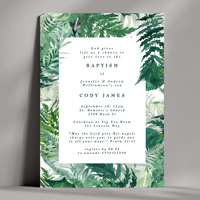 Grönt Baptism i botaniska Eleganter med lövfärg Inbjudningar (Skapare uppladdad)