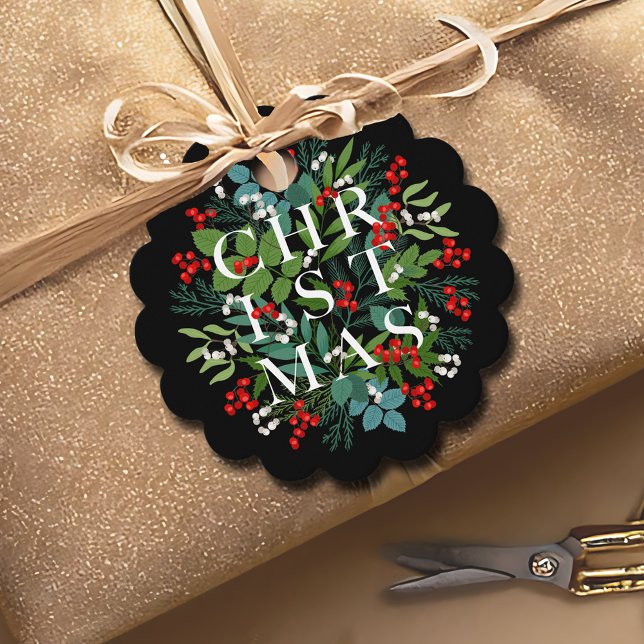 Grönt Bär JUL Typografi Svart Gåvor Etiketter (CHRISTMAS Greenery Berries Holiday Black Favor Tags)