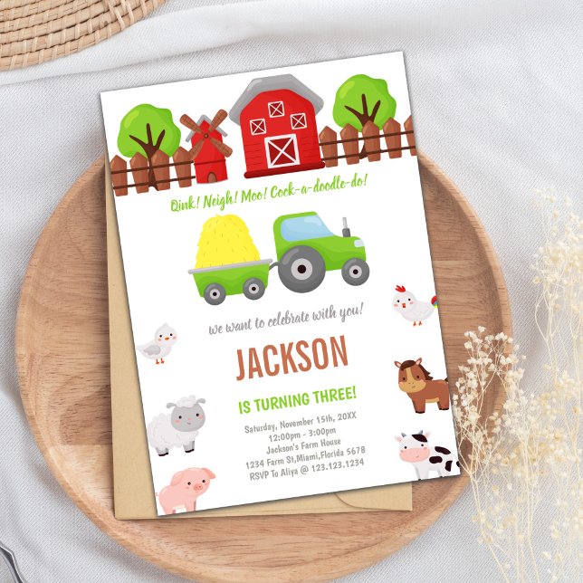 Grönt Barnyard-födelsedagsinbjudningar Inbjudningar (Green Barnyard birthday invitations)