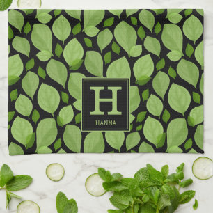 Grönt Basil Löv Herb Mönster Botanical Monogram Kökshandduk
