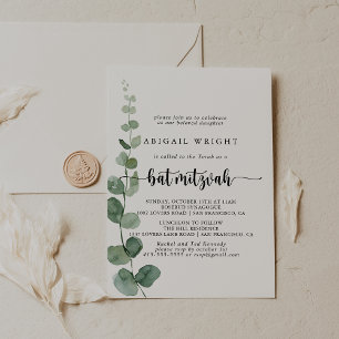 Grönt Bat mitzvah eukalyptus calligrafi Inbjudningar