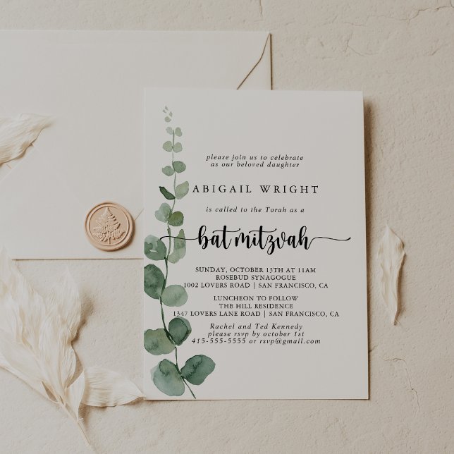 Grönt Bat mitzvah eukalyptus calligrafi Inbjudningar (Skapare uppladdad)