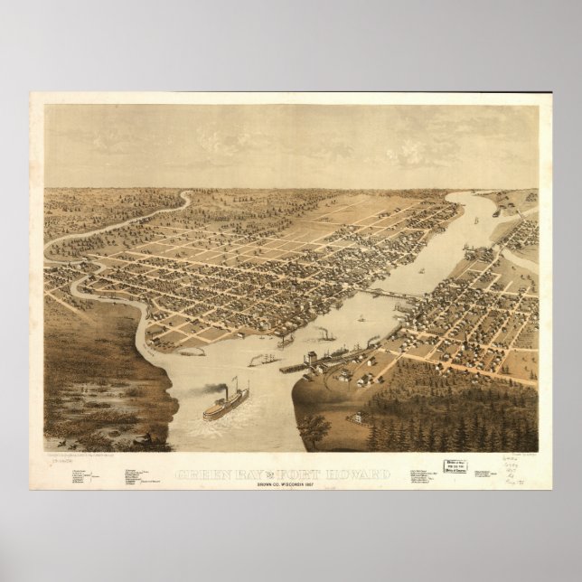 Grönt Bay WI 1867 Antique Panoramic Karta Poster (Framsidan)