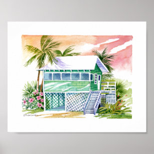 Grönt Beach Cottage Tropical Island Watercolor Poster