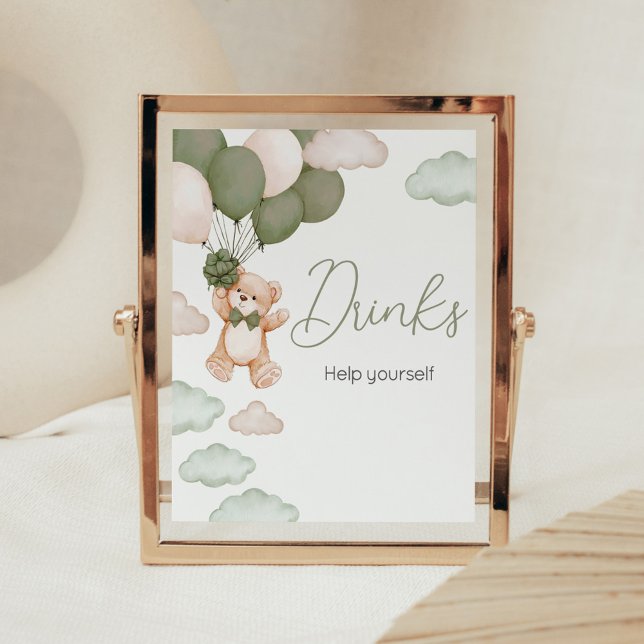 Grönt Bear Balloon Barly Wait Baby Shower Driners Poster (Green Bear Balloon Baby Shower Drinks Sign)