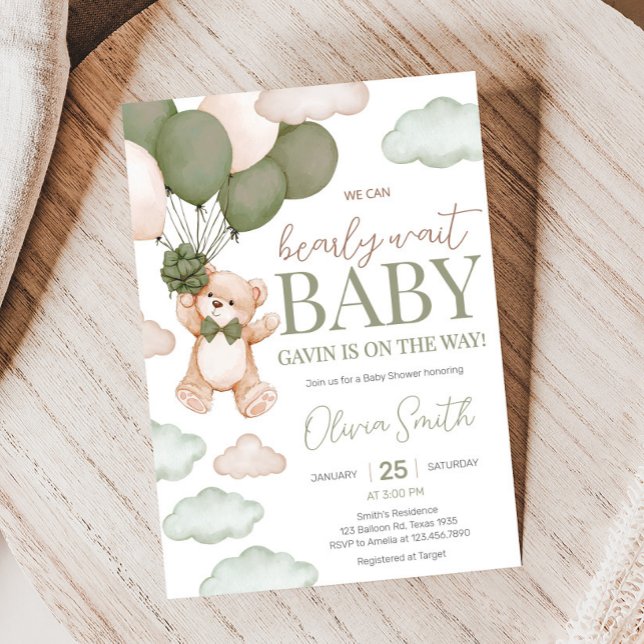 Grönt Bear Balloon Barly Wait Baby Shower Inbjudningar (Green Bearly Wait Baby Bear Balloon Baby Shower Invitation
)