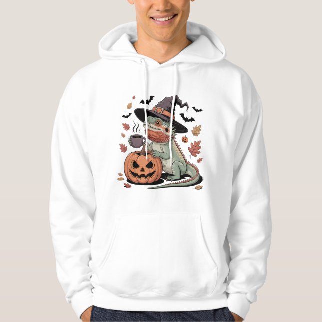 Grönt Bearded Dragon Halloween Witch Art Art Hoodie (Framsida)