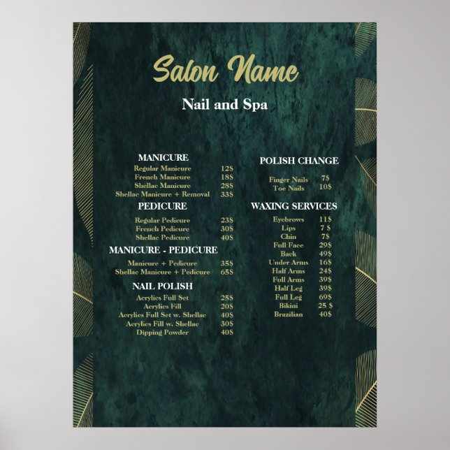 Grönt Beauty Nail Salon Pris List-meny Poster (Framsidan)