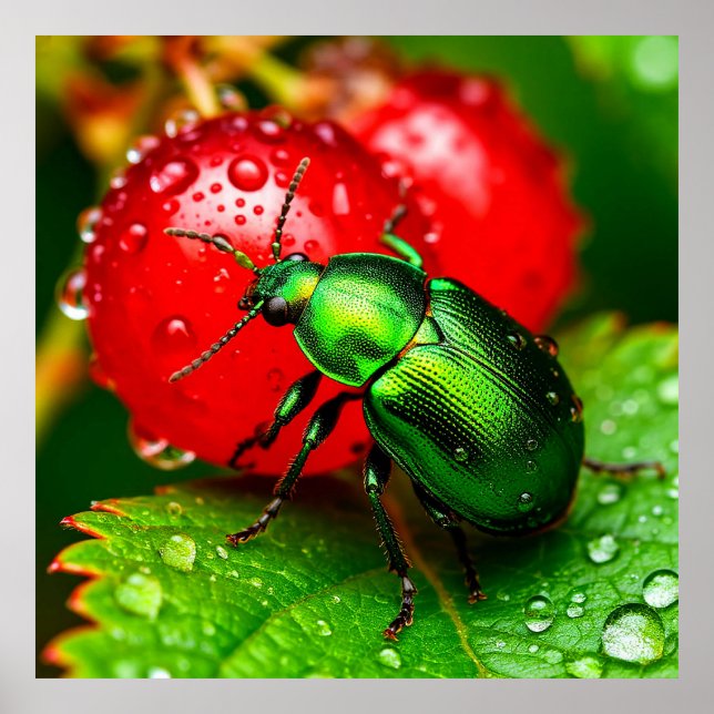 Grönt Beetle på Löv bredvid Dew Covered Red Berry Poster (Framsidan)