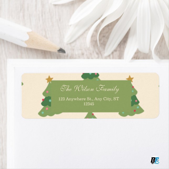 Grönt Beige Modern Julgran Mönster Returadress Etikett (Skapare uppladdad)
