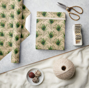 Grönt Beige Peacock Feathers Presentpapper