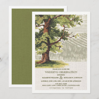 Grönt Beige Vintage Oak Träd Burlap Bröllop Inbjudningar