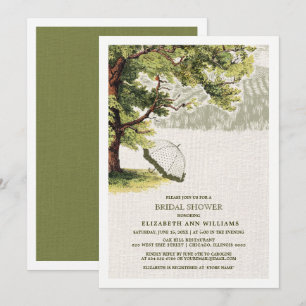 Grönt Beige Vintage Oak Träd Burlap Möhippa Inbjudningar