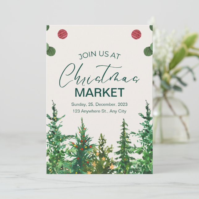 Grönt Beige Vinterjulmarknaden Inbjudningar (Stående Fram)