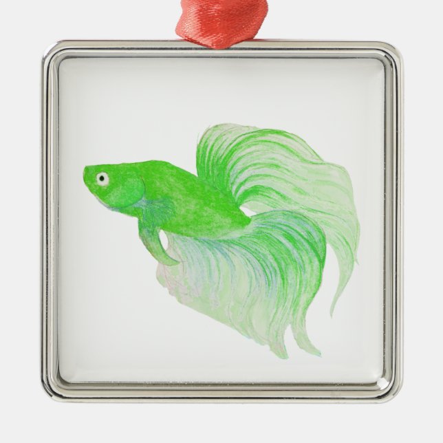 Grönt Betta Fish Watercolor Julgransprydnad Metall (Framsidan)