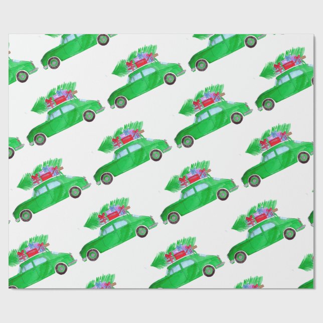 Grönt Bilar med julklappar Vattenfärg Presentpapper (Platt)