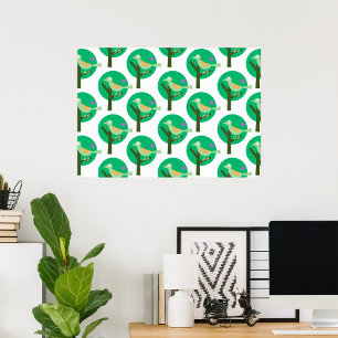 Grönt Bird and Träd Mönster Natur Inspired Poster