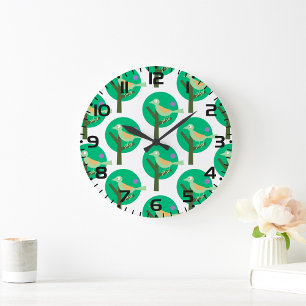 Grönt Bird and Träd Mönster Natur Inspired Stor Klocka