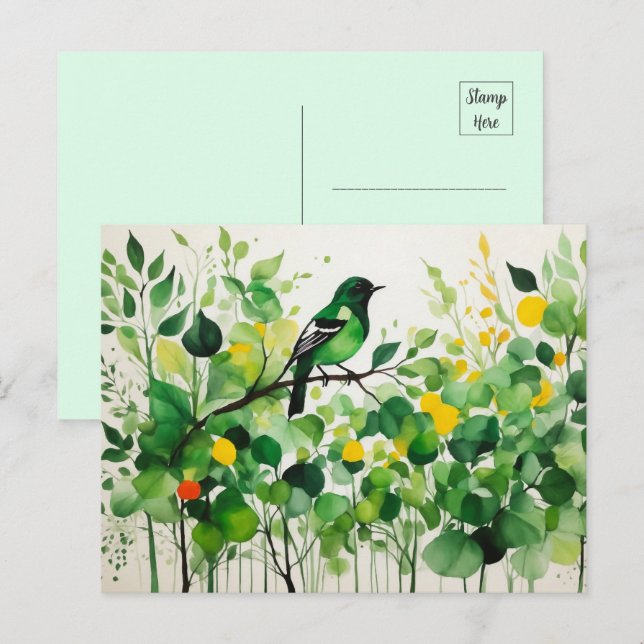 Grönt Bird som står på Gren Vykort (Fram/baksida)