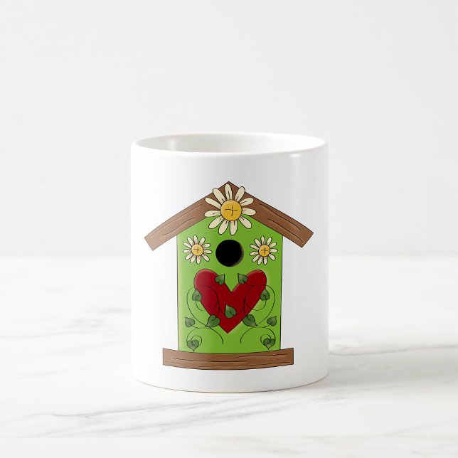 Grönt Birdhouse med hjärta och Daisy Kaffemugg (Skapare uppladdad)
