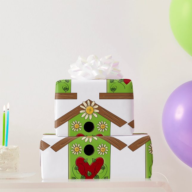 Grönt Birdhouse med hjärta och Daisy Presentpapper (Skapare uppladdad)