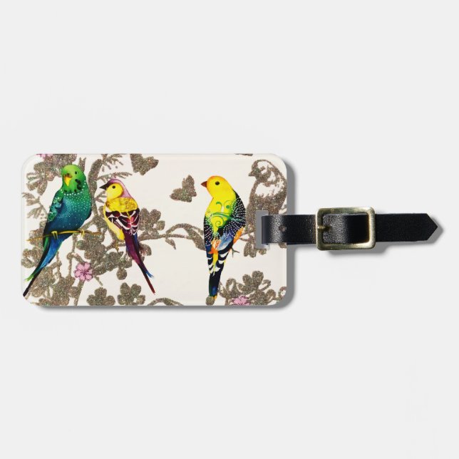 Grönt Birds Blommigt Watercolor Silver Glitter Bagagebricka (Horisontell Framsida)