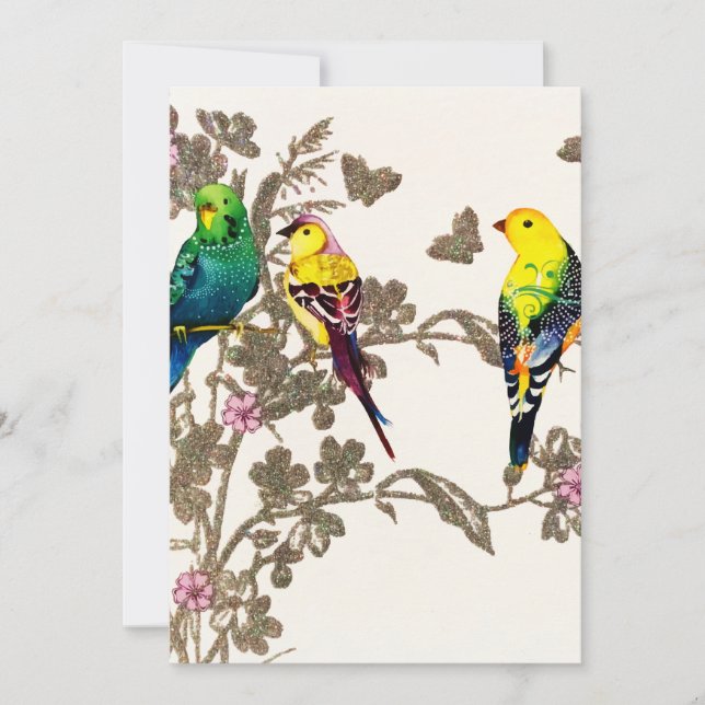 Grönt Birds Blommigt Watercolor Silver Glitter Julkort (Framsida)