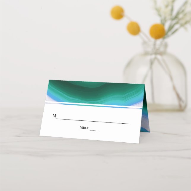 Grönt blå agate slice geode bröllop-vikta eskort placeringskort (Framsida)