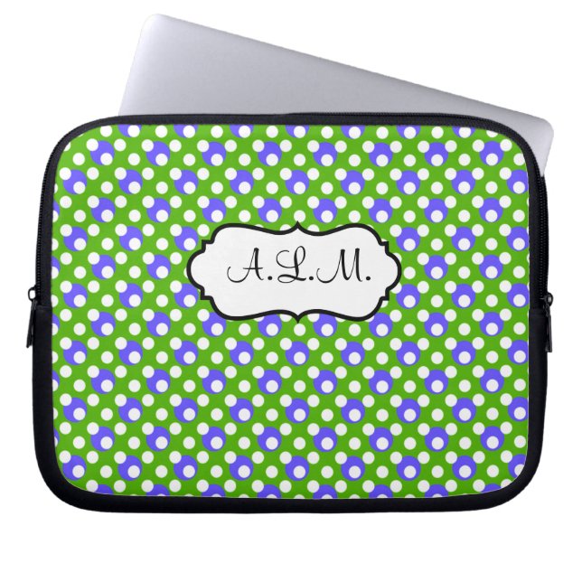 Grönt, blå, vit Polka dots Laptop sleeve (Framsidan)
