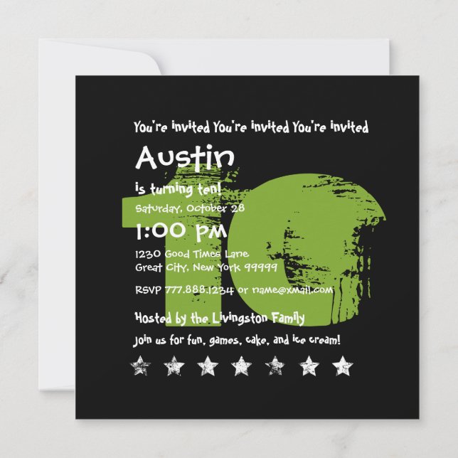 GRÖNT BLACK 10:e Födelsedagsfesten 10 års gammal V Inbjudningar (Baksida)