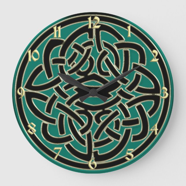 Grönt Black and Guld Celtic Knot Wall Clock Stor Klocka (Framsida)
