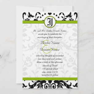 Grönt Black Bubble Bee Damask Wedding Inbjudan