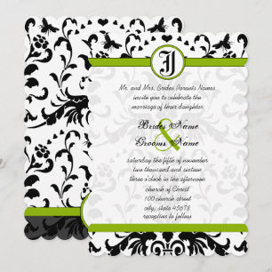 Grönt Black Bubble Bee Damask Wedding Inbjudan