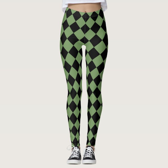 Grönt Black Checker Diamond Mönster Leggings (Framsida)