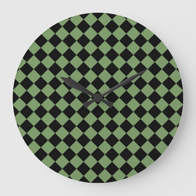 Grönt Black Checker Diamond Mönster Stor Klocka (Framsida)
