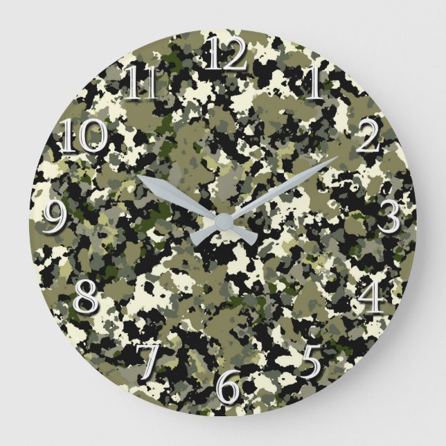 Grönt Black Cream Camouflage Mönster Skriv ut Stor Klocka (Framsida)