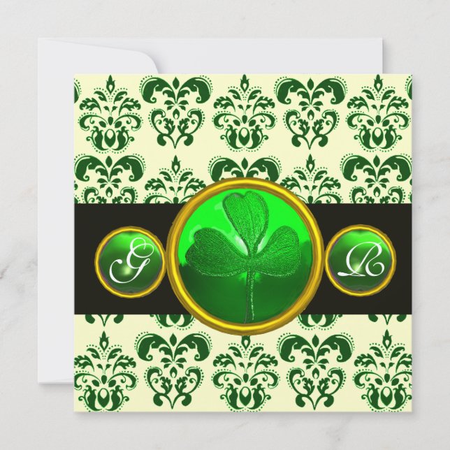 GRÖNT BLACK DAMASK MED SHAMROCK MONOGRAM Guld Inbjudningar (Framsida)