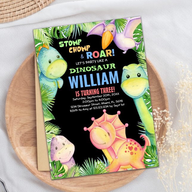 Grönt Black Dinosaur Birthday-inbjudan Inbjudningar (Green Black Dinosaur Birthday Invitations)