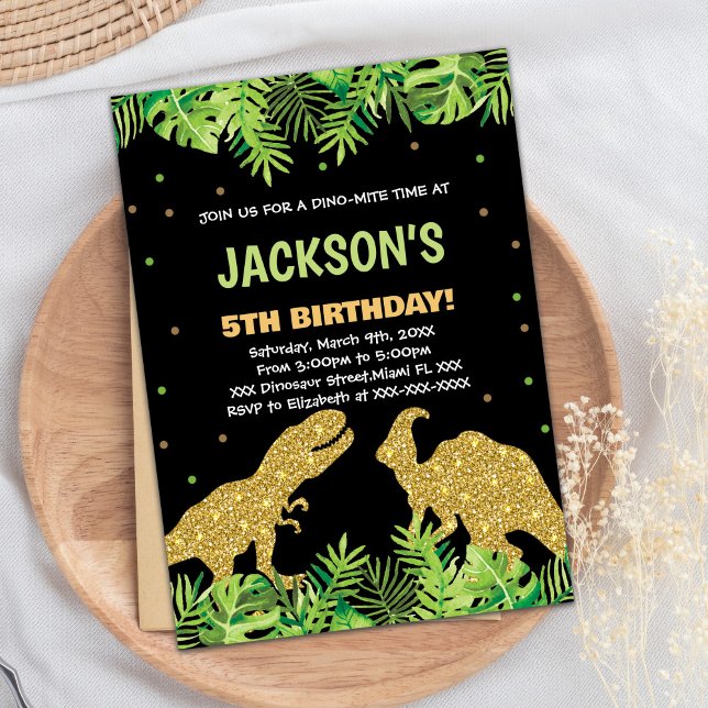 Grönt Black Glitter Dinosauer Birthday-inbjudan Inbjudningar (Green Black Glitter Dinosaur Birthday Invitations)