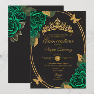Grönt Black Guld Glitter Butterfly Quinceañera Inbjudningar