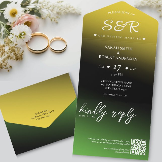 Grönt Black & Guld Jamaica Ombre QR Code Bröllop (Green Black & Gold Jamaica Ombre QR Code Wedding All In One Invitation)