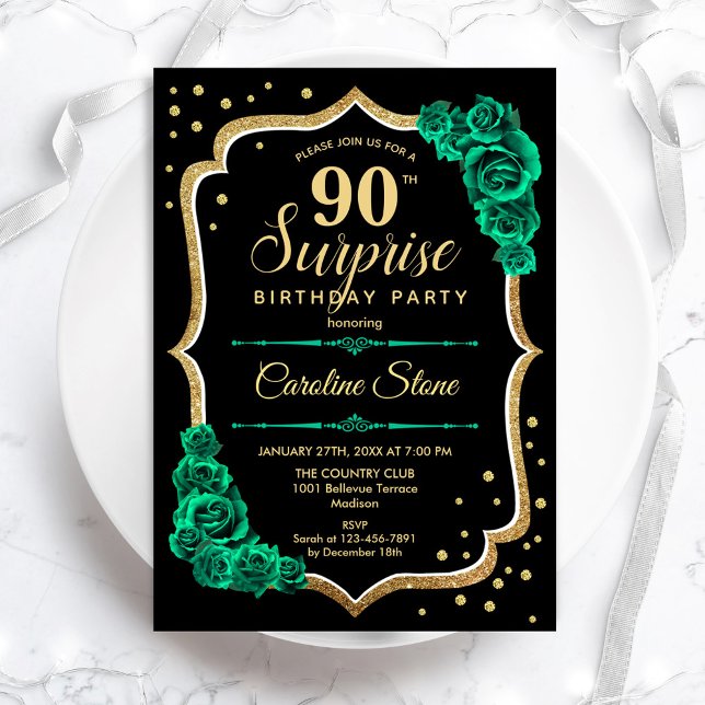 Grönt Black Guld Surprise 90:e födelsedag Inbjudningar (Skapare uppladdad)