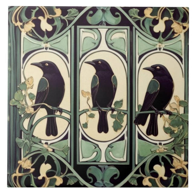 Grönt Black Kråka Birds Art nouveau Art Deco Bird Kakelplatta (Framsidan)