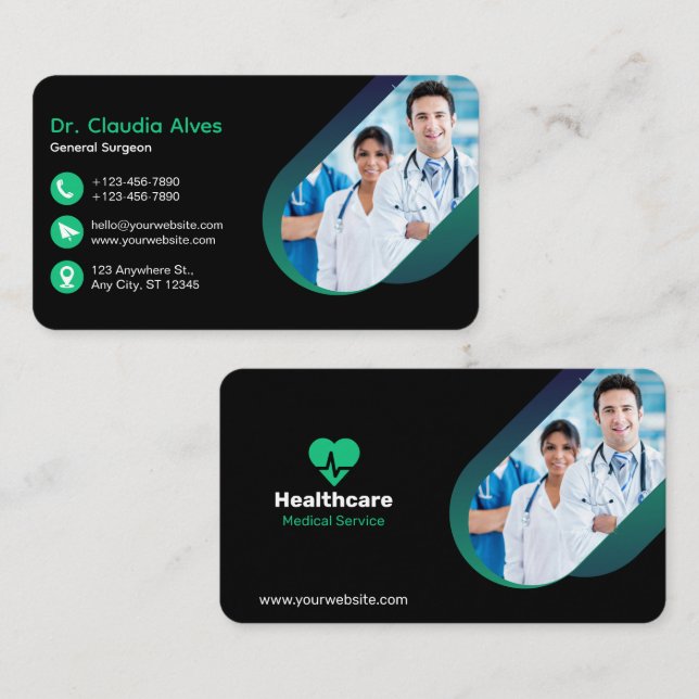 Grönt Black Kreativ Modern Medical Affärskort Visitkort (Fram/baksida)