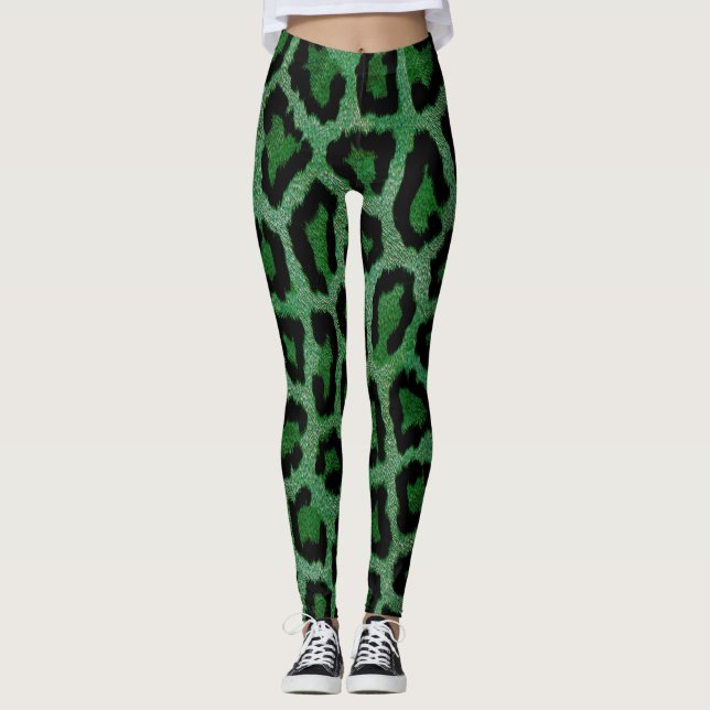 Grönt Black Leopard Animal Print Leggings (Framsida)