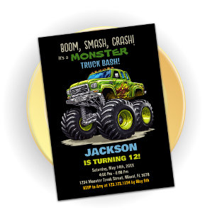 Grönt Black Monster Lastbil Birthday-inbjudan Inbjudningar