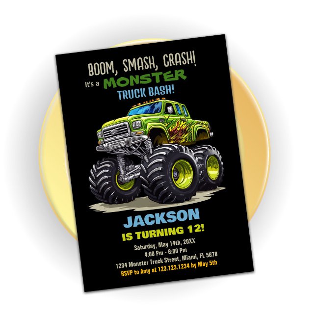 Grönt Black Monster Lastbil Birthday-inbjudan Inbjudningar (Green Black Monster Truck Birthday Invitations)